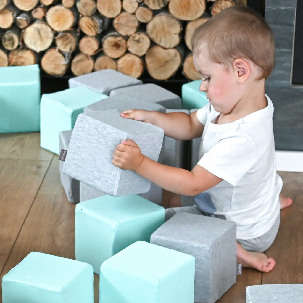 KiddyMoon Pehme vahtplokkide ehitusklotsid 14cm lastele Multifunktsionaalne vahtkonstruktsioon Montessori mänguasi beebidele, sertifitseeritud Euroopa Liidus valmistatud, 12 tükki, kuubikud: tumehall- цена и информация | Imikute mänguasjad | kaup24.ee