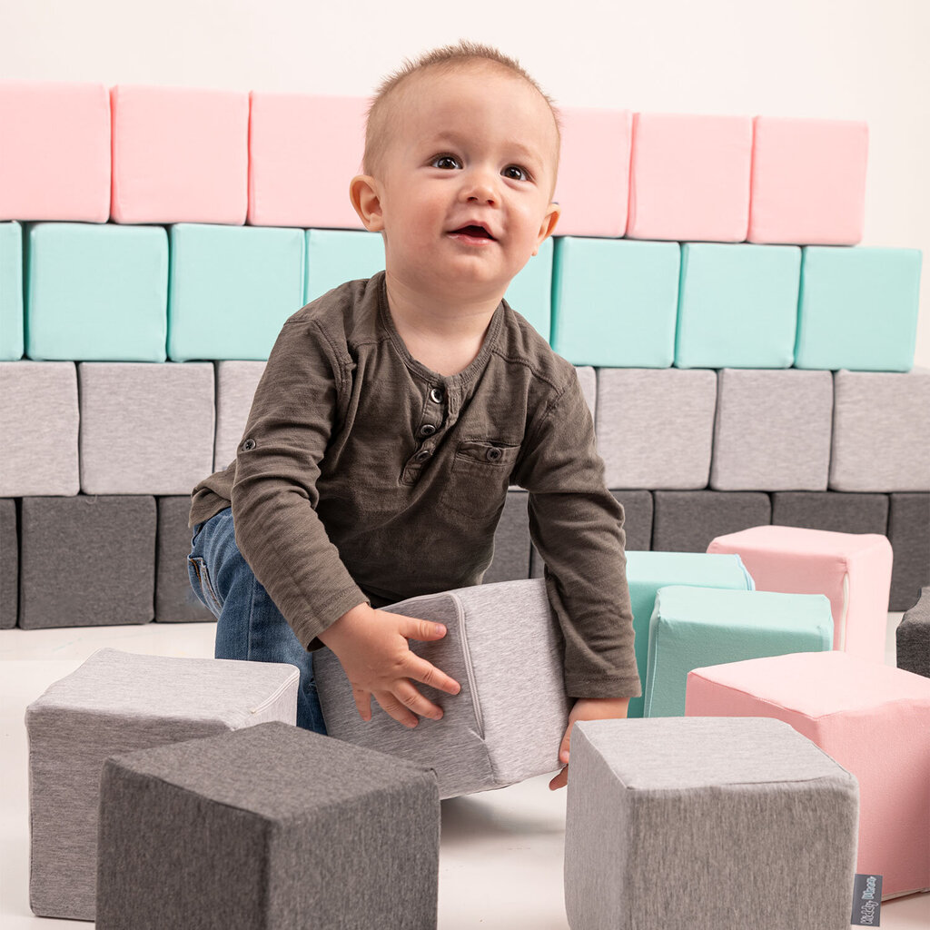 KiddyMoon Pehme vahtplokkide ehitusklotsid 14cm lastele Multifunktsionaalne vahtkonstruktsioon Montessori mänguasi beebidele, sertifitseeritud Euroopa Liidus valmistatud, 12 tükki, kuubikud: tumehall- hind ja info | Imikute mänguasjad | kaup24.ee