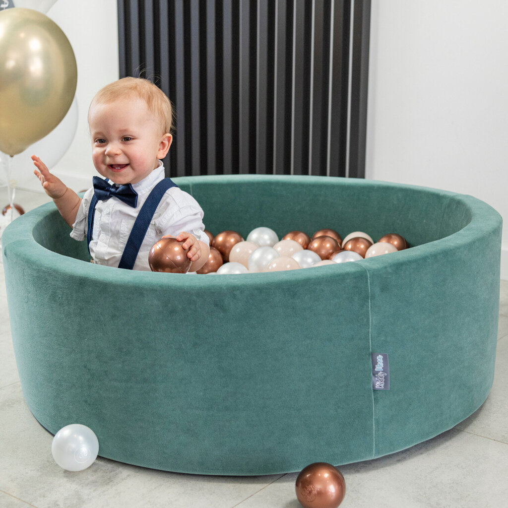 KiddyMoon pehme palliväljak ümmargune 90x30cm/200 palli ∅ 7cm / 2.75In lastele, Foam Velvet Ball Pool Baby Playballs, Made In The EU, metsaroheline:pastelbeež/hallikas/pastellkollane/valge цена и информация | Imikute mänguasjad | kaup24.ee