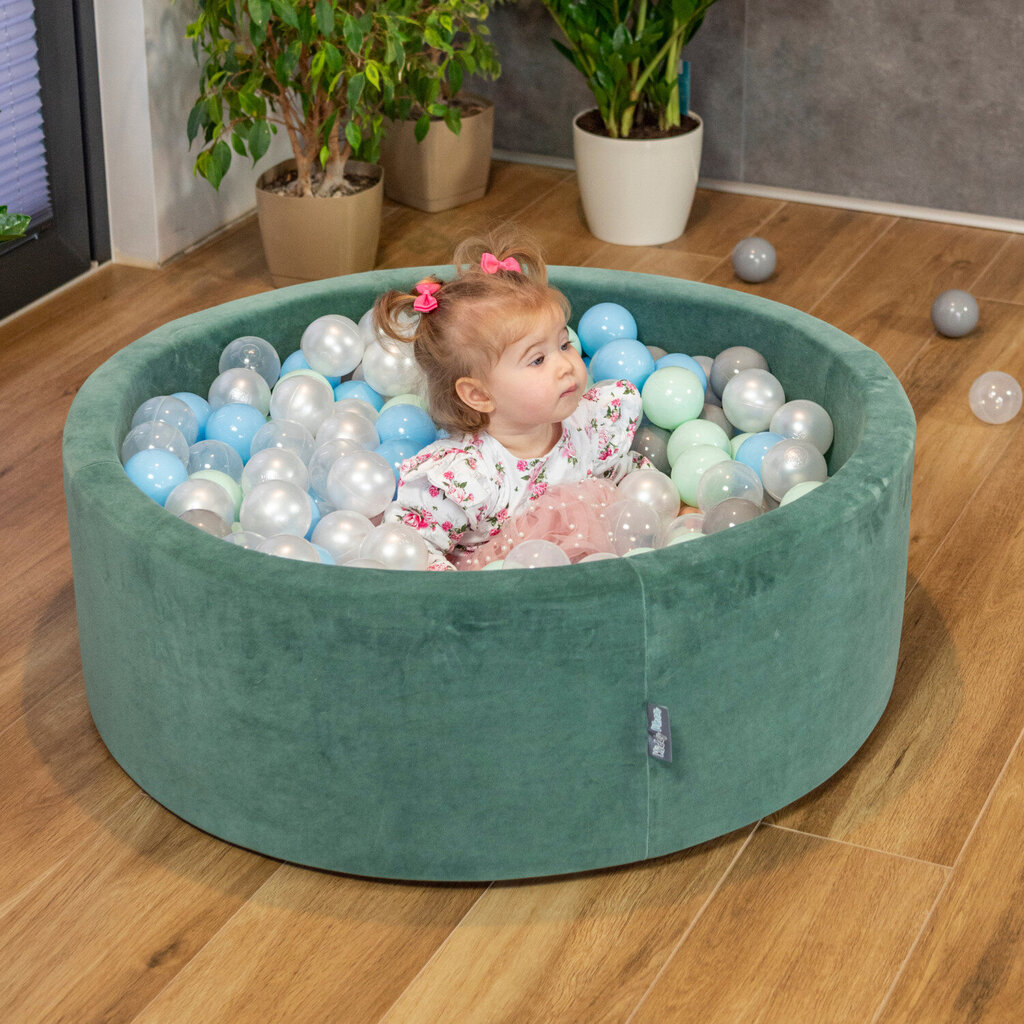 KiddyMoon pehme palliväljak ümmargune 90x30cm/300 palli ∅ 7cm / 2.75In lastele, Foam Velvet Ball Pool Baby Playballs, Made In The EU, metsa roheline:pastelne beež/hallikas/ pastelne kollane/pruun цена и информация | Imikute mänguasjad | kaup24.ee