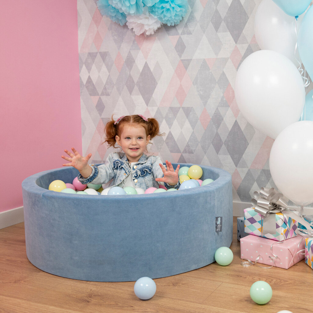 KiddyMoon pehme palliväljak ümmargune 90x30cm/300 palli ∅ 7cm / 2.75In lastele, Foam Velvet Ball Pool Baby Playballs, Made In The EU, jääsinine:pastelsinine/pastelsinine/salmon pink hind ja info | Imikute mänguasjad | kaup24.ee