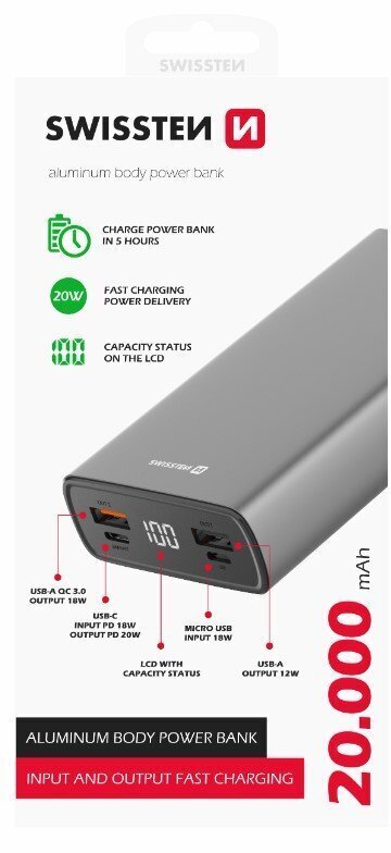 Swissten Aluminium 20000 mAh цена и информация | Akupangad | kaup24.ee