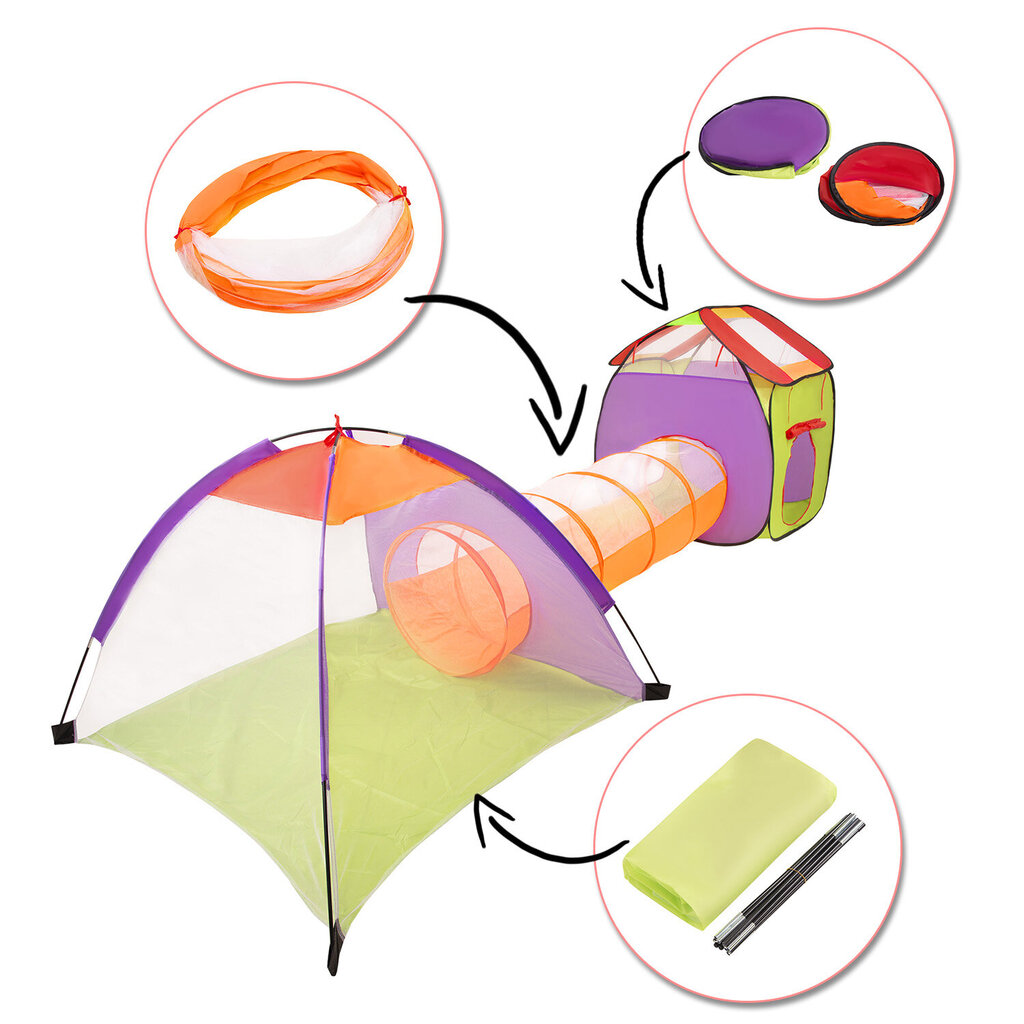 Selonis 3in1 mängutelk koos tunneli mänguväljaku palliplatsiga koos 200 palliga lastele, Mitmevärviline: kollane/roheline/sinine/punane/oranž цена и информация | Imikute mänguasjad | kaup24.ee