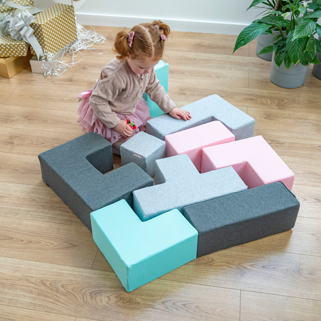 KiddyMoon Pehme vahtplokkide ehitusklotsid 14cm lastele Multifunktsionaalne vahtkonstruktsioon Montessori mänguasi beebidele, sertifitseeritud Euroopa Liidus valmistatud, 9 tükki, segu: helehall-tumeh цена и информация | Imikute mänguasjad | kaup24.ee