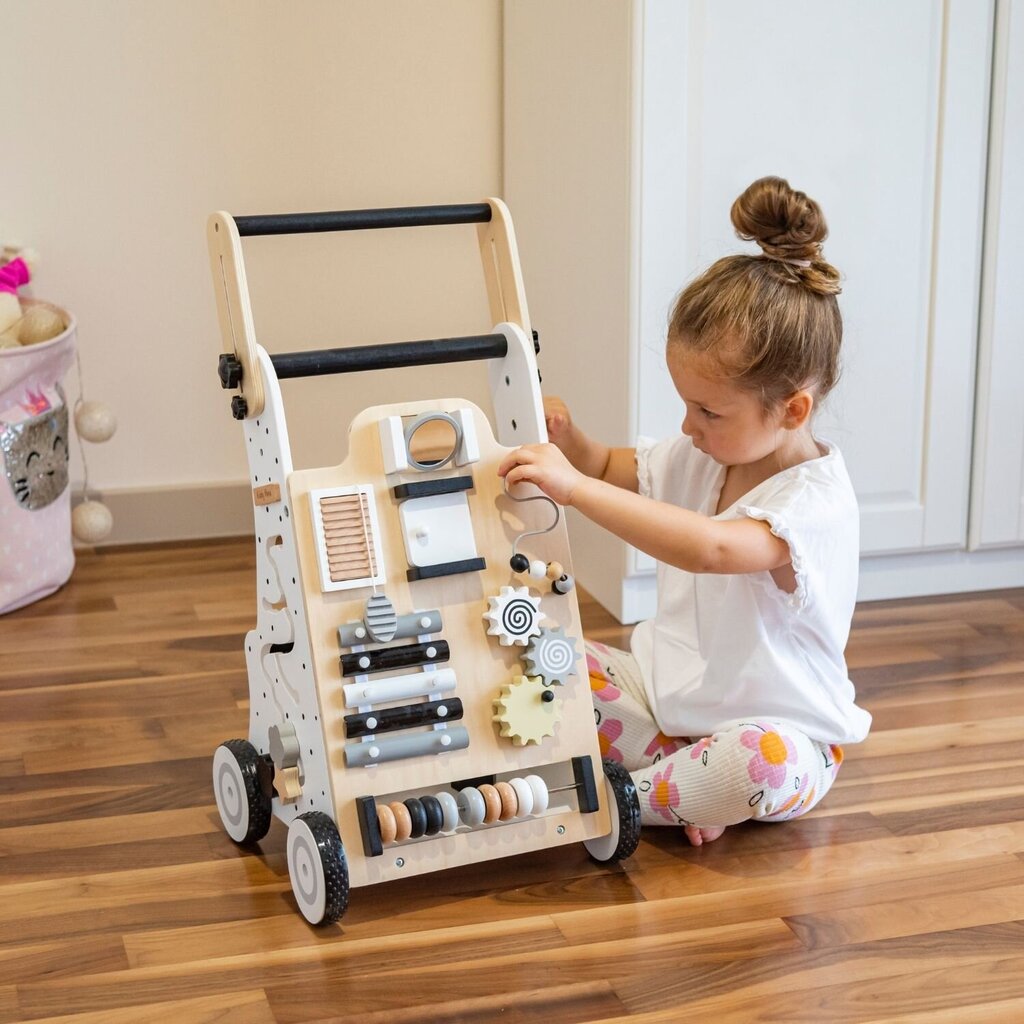 KiddyMoon puidust jalutuskäija lõbus beebidele, kõndima õppimine, multifunktsionaalne puidust mänguasi väikestele lastele Montessori mänguasi WK-001, must - valge hind ja info | Imikute mänguasjad | kaup24.ee