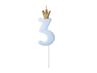 Свеча ко дню рождения, № 3, голубая с короной, 9,5см цена и информация | Гудки для вечеринки Clown Face (4шт.) | kaup24.ee