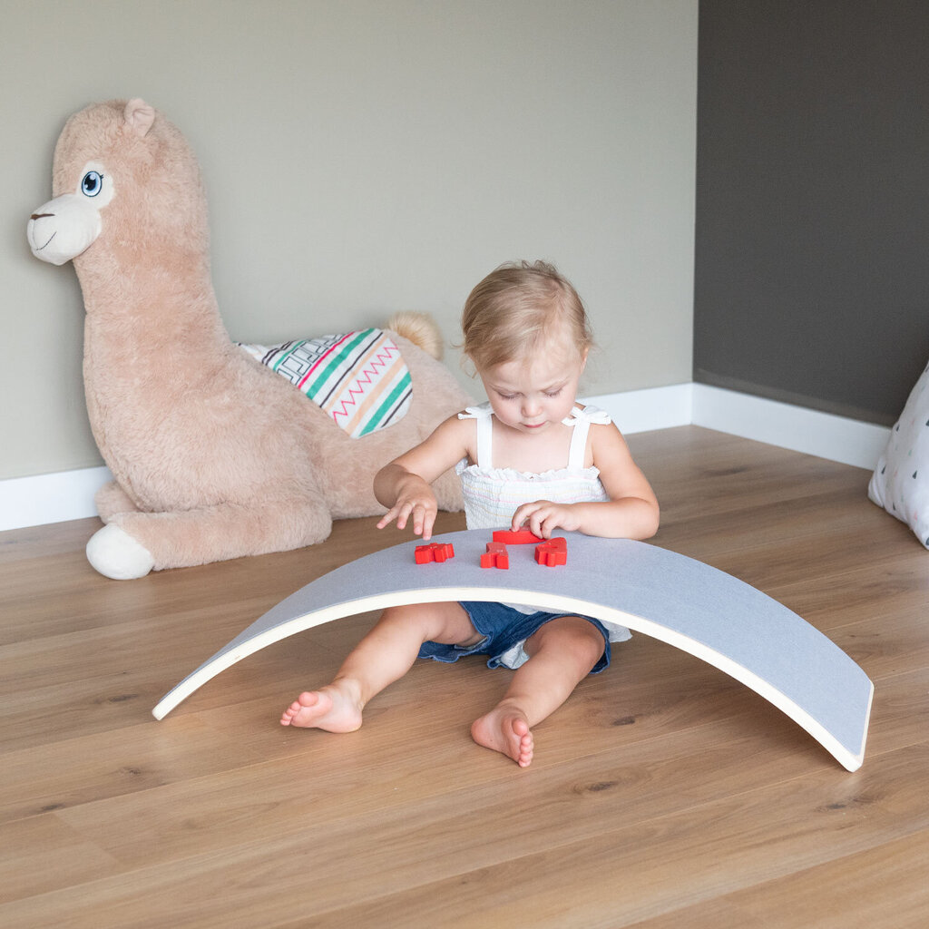KiddyMoon Puidust tasakaalulaud lastele Puidust kiikulaud Montessori mänguasi lastele Tasakaalustatav laud beebidele Puidust mänguasjad Wobble Board 80x30cm, hall/sinine vilt цена и информация | Tasakaalupadjad | kaup24.ee