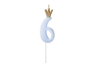 Свеча ко дню рождения, № 6, голубая с короной, 9,5см цена и информация | Праздничные декорации | kaup24.ee