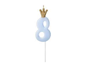 Свеча ко дню рождения, № 8, голубая с короной, 9,5см цена и информация | Праздничные декорации | kaup24.ee