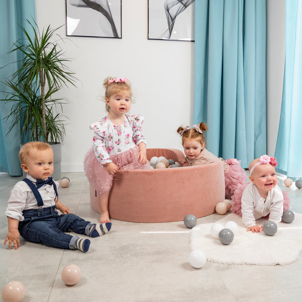 KiddyMoon pehme palliväljak ümmargune 90x30cm/300 palli ∅ 7cm / 2.75In lastele, Foam Velvet Ball Pool Baby Playballs, Made In The EU, desert pink:pastel beež/pruun/valge hind ja info | Imikute mänguasjad | kaup24.ee