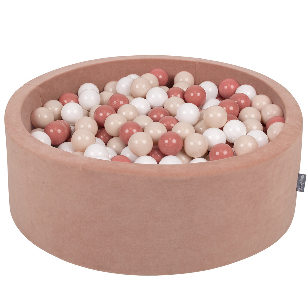 KiddyMoon pehme palliväljak ümmargune 90x30cm/200 palli ∅ 7cm / 2.75In lastele, Foam Velvet Ball Pool Baby Playballs, Made In The EU, desert pink:pastel beež/salmon pink/white hind ja info | Imikute mänguasjad | kaup24.ee