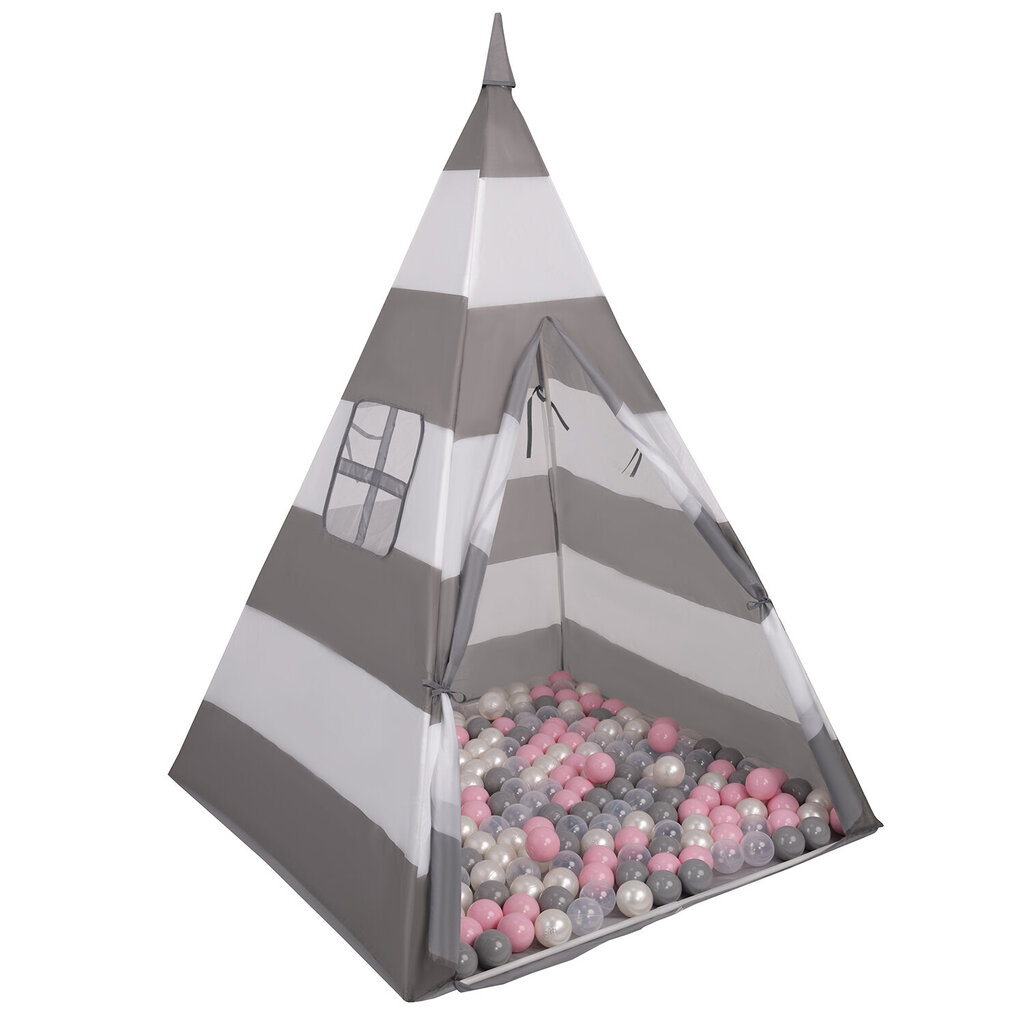 Selonis Teepee mängutelk 100 palliga 6 cm indiaani telk lastele, hall/valge triibuline: pärl/halli/läbipaistev/pulberroosa цена и информация | Imikute mänguasjad | kaup24.ee