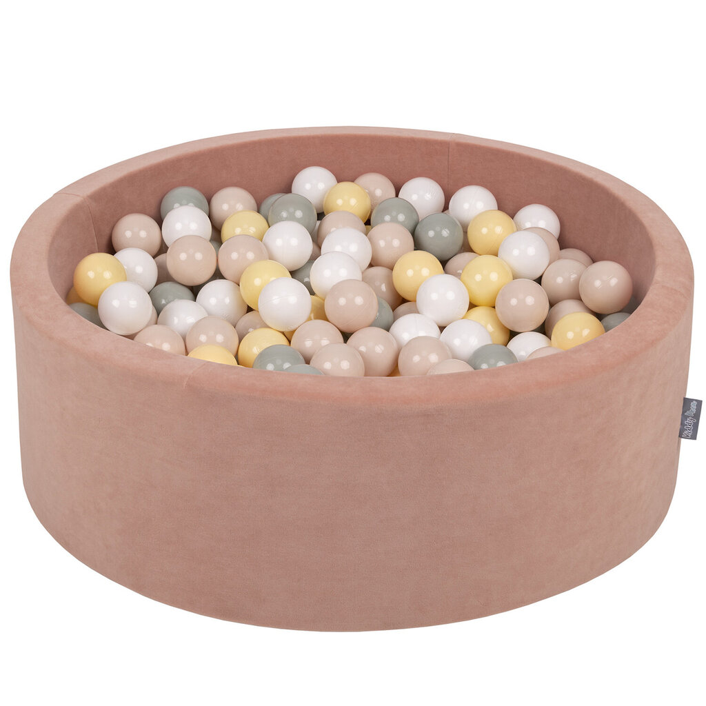 KiddyMoon pehme palliväljak ümmargune 90x30cm/300 palli ∅ 7cm / 2.75In lastele, Foam Velvet Ball Pool Baby Playballs, Made In The EU, desert pink:pastel beež/greengrey/pastel yellow/white hind ja info | Imikute mänguasjad | kaup24.ee