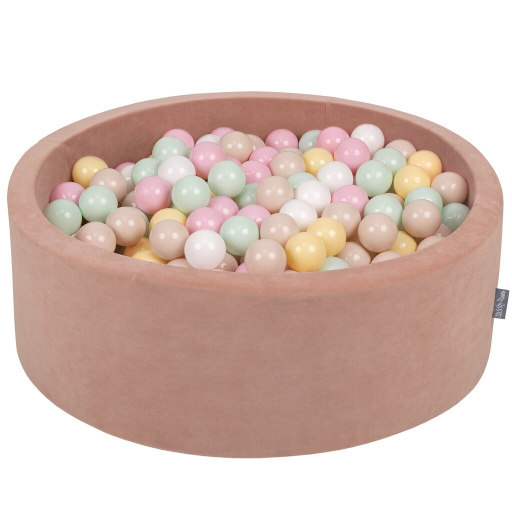 KiddyMoon pehme palliväljak ümmargune 90x30cm/200 palli ∅ 7cm / 2.75In lastele, Foam Velvet Ball Pool Baby Playballs, Made In The EU, desert pink:pastel beež/pastell kollane/valge/mint/pulber roosa hind ja info | Imikute mänguasjad | kaup24.ee