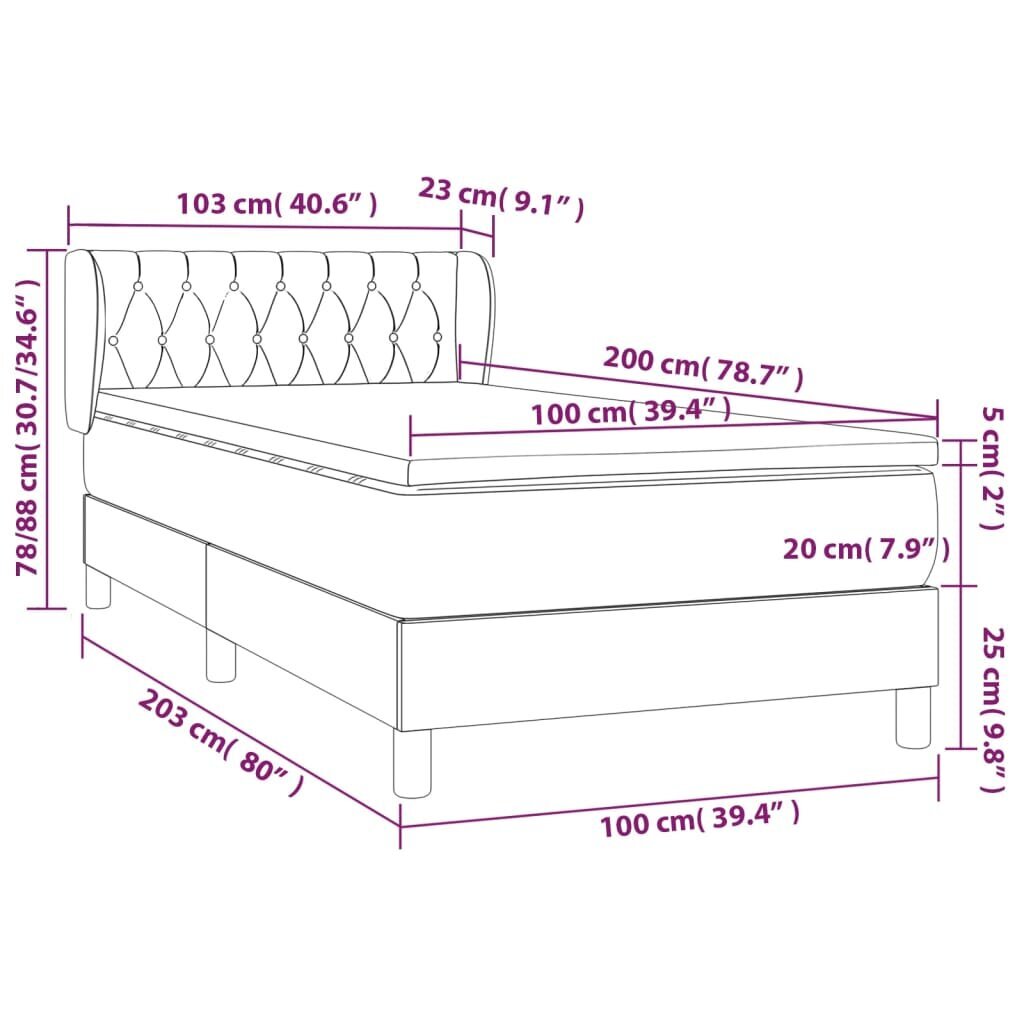 vidaXL kontinentaalvoodi madratsiga, tumesinine, 100x200 cm, samet hind ja info | Voodid | kaup24.ee