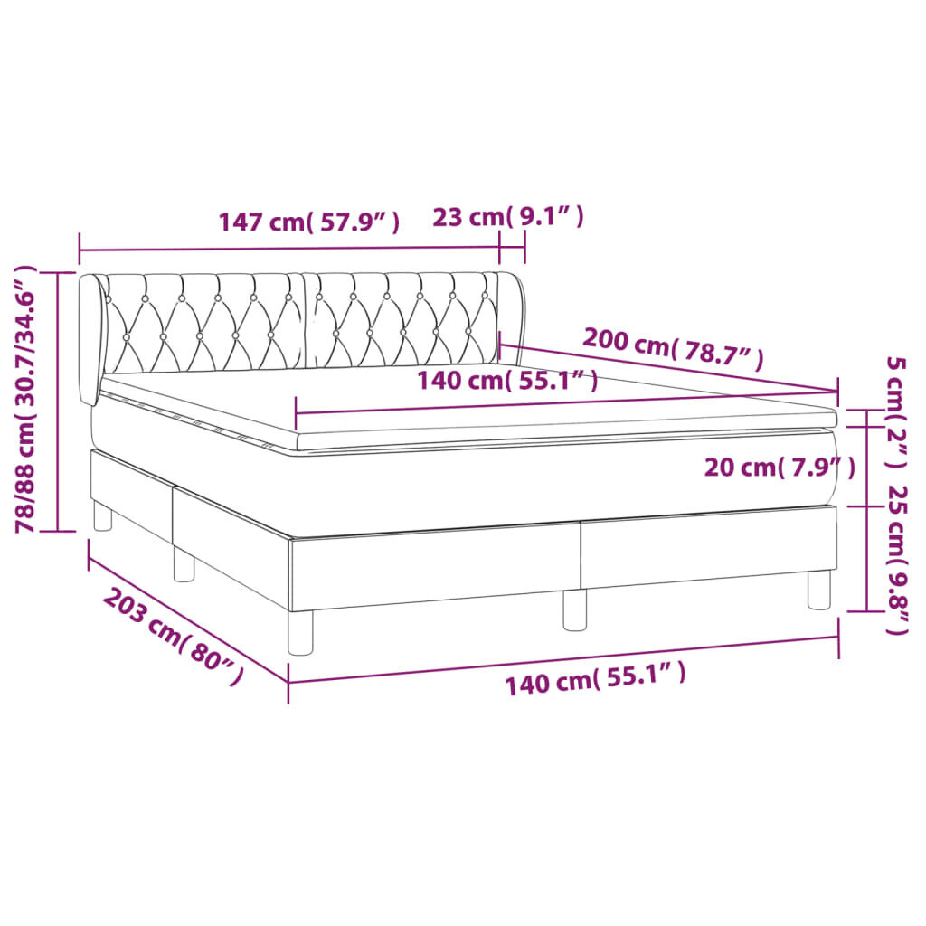 vidaXL kontinentaalvoodi madratsiga, tumehall, 140x200 cm, samet hind ja info | Voodid | kaup24.ee