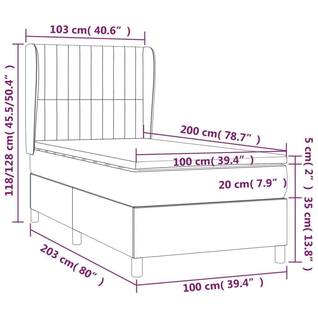 vidaXL kontinentaalvoodi madratsiga, tumeroheline, 100x200 cm, samet цена и информация | Voodid | kaup24.ee