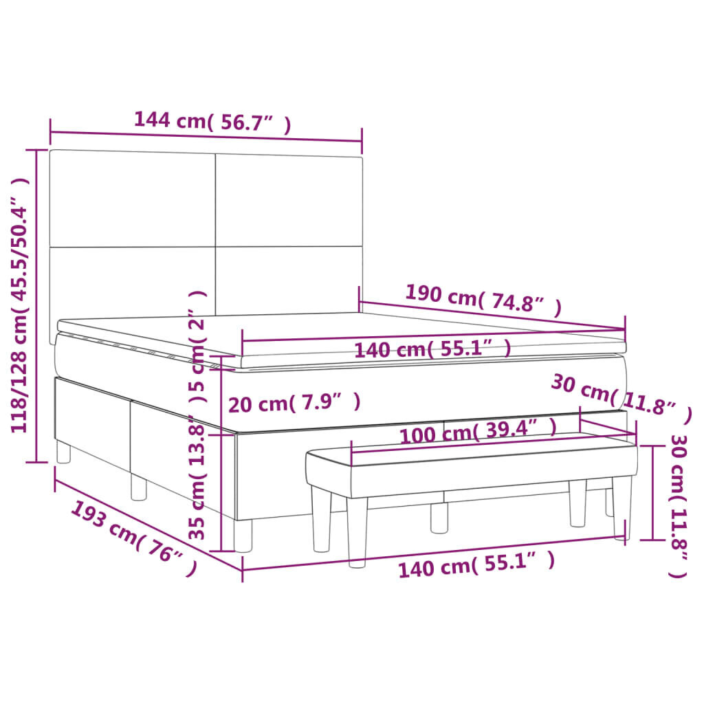 vidaXL kontinentaalvoodi madratsiga, kreemjas, 140x190 cm, kangas hind ja info | Voodid | kaup24.ee