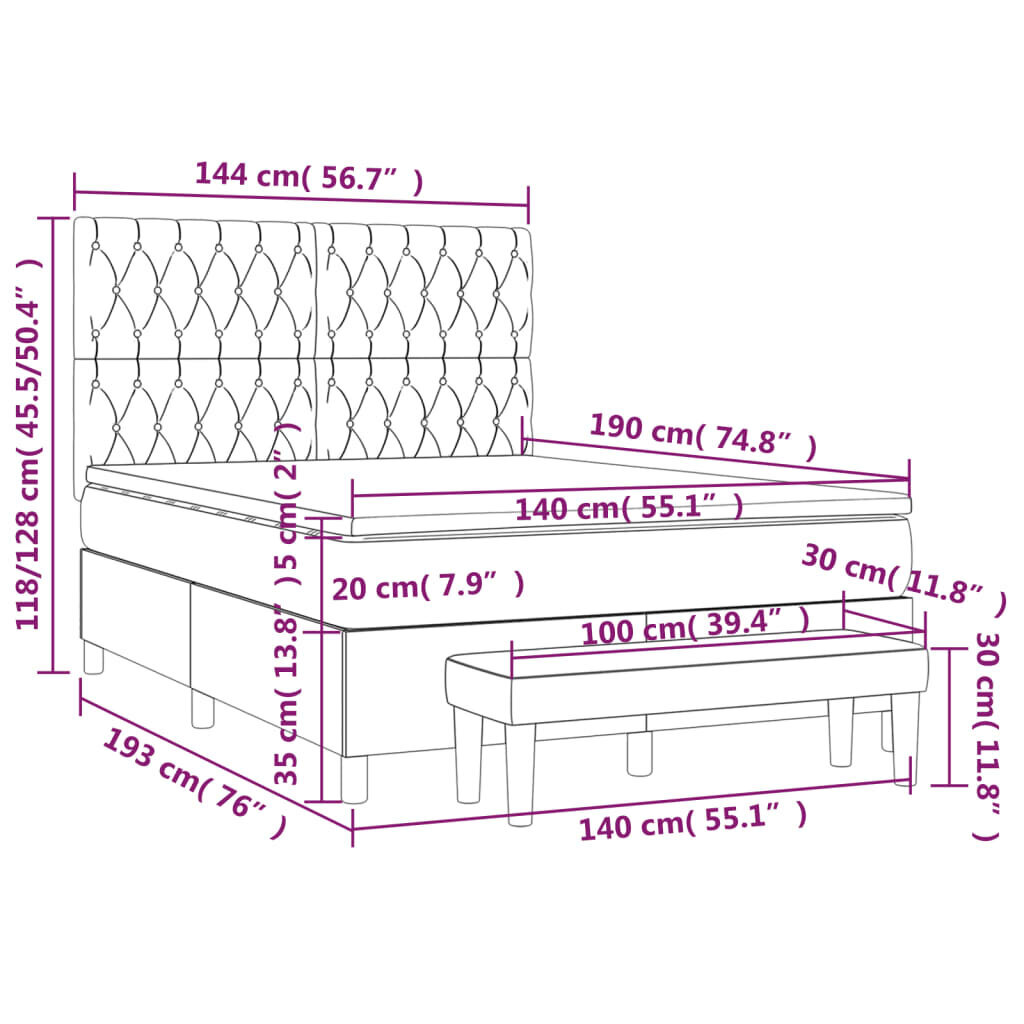 vidaXL kontinentaalvoodi madratsiga,tumehall, 140x190 cm, samet hind ja info | Voodid | kaup24.ee