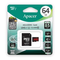 "apacer secure digital card v10, 64gb, micro sdxc, ap64gmcsx10u5-r, uhs-i u1 (class 10), с адаптером цена и информация | Карты памяти | kaup24.ee