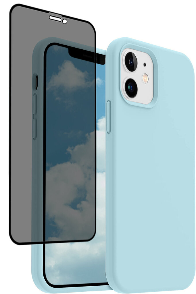 Protection set -silikoonist ümbris Apple iPhone 12 (real liquide Easy clean) sinine - Blue Sky + ekraani kaitseklaas Privacy цена и информация | Telefoni kaaned, ümbrised | kaup24.ee