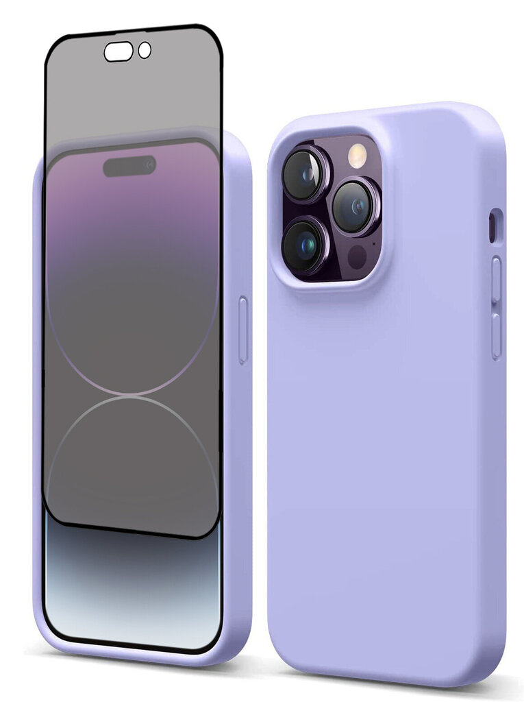 Protection set -silikoonist ümbris Apple iPhone 14 Pro (real liquide Easy clean) lilla - Lavanda + ekraani kaitseklaas Privacy hind ja info | Telefoni kaaned, ümbrised | kaup24.ee