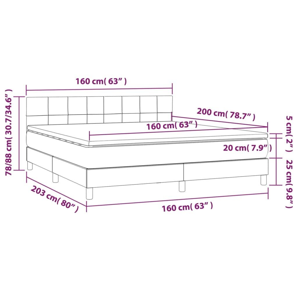 vidaXL kontinentaalvoodi madratsiga, helehall, 160x200 cm, samet hind ja info | Voodid | kaup24.ee