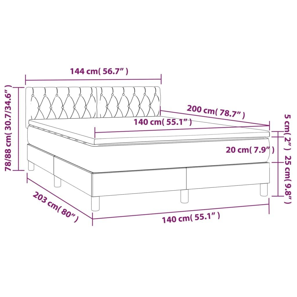 vidaXL kontinentaalvoodi madratsiga, tumehall, 140x200 cm, samet hind ja info | Voodid | kaup24.ee