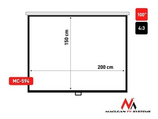 MACLEAN Projektori ekraan 100" 4:3 200X150 AUTO-LOCK valge matt LUB SUFIT MC-594 hind ja info | Projektori ekraanid | kaup24.ee