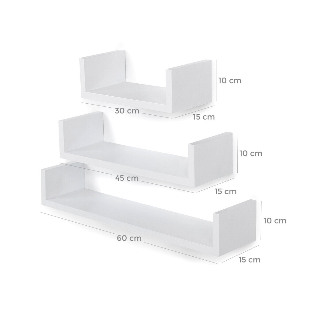 U-kujuliste seinariiulite komplekt 60/45/30 cm, 3 tk, valge цена и информация | Riiulid | kaup24.ee