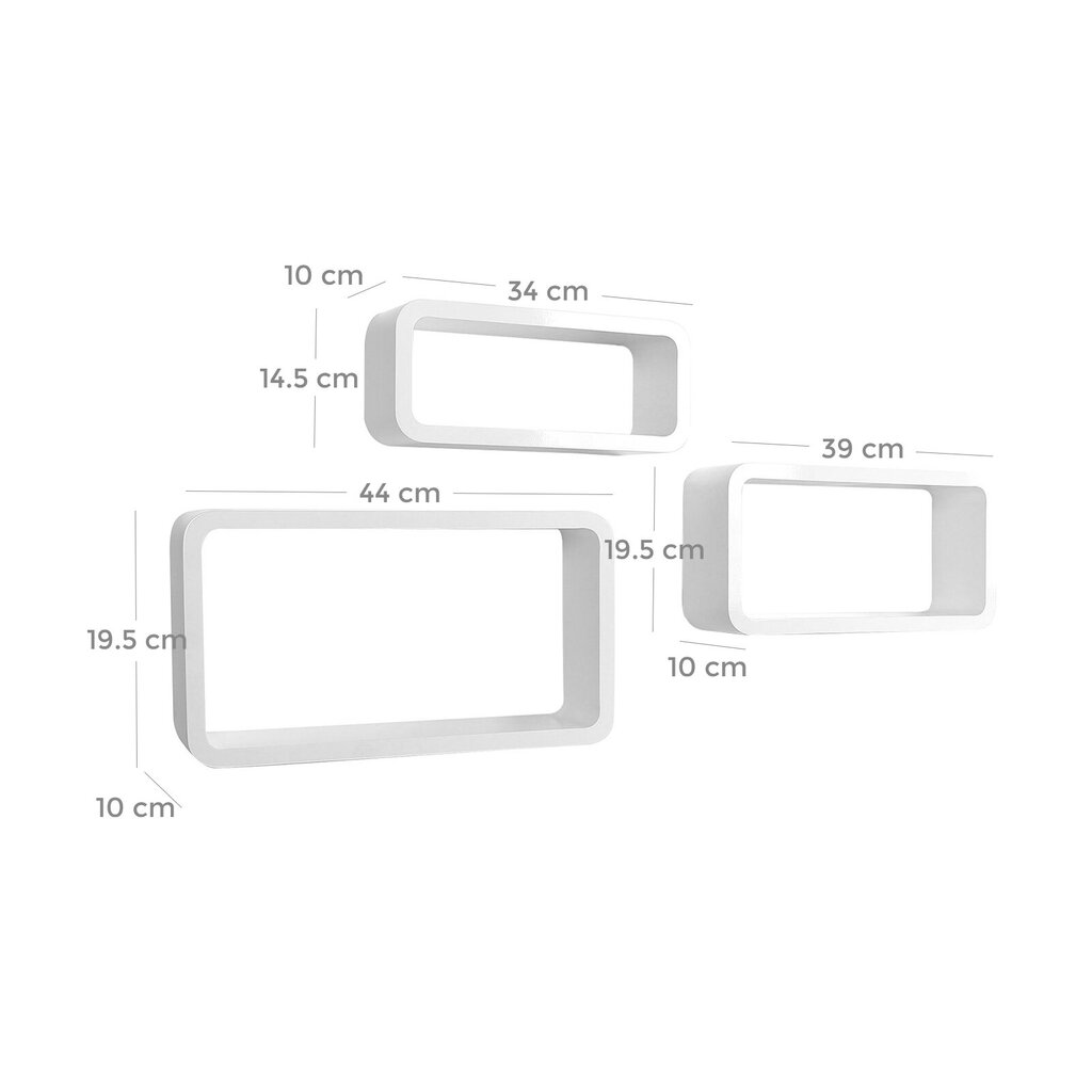Ristkülikukujuliste seinariiulite komplekt, 44 cm. x 39 cm. x 34 cm., 3 tk., valge värv hind ja info | Riiulid | kaup24.ee