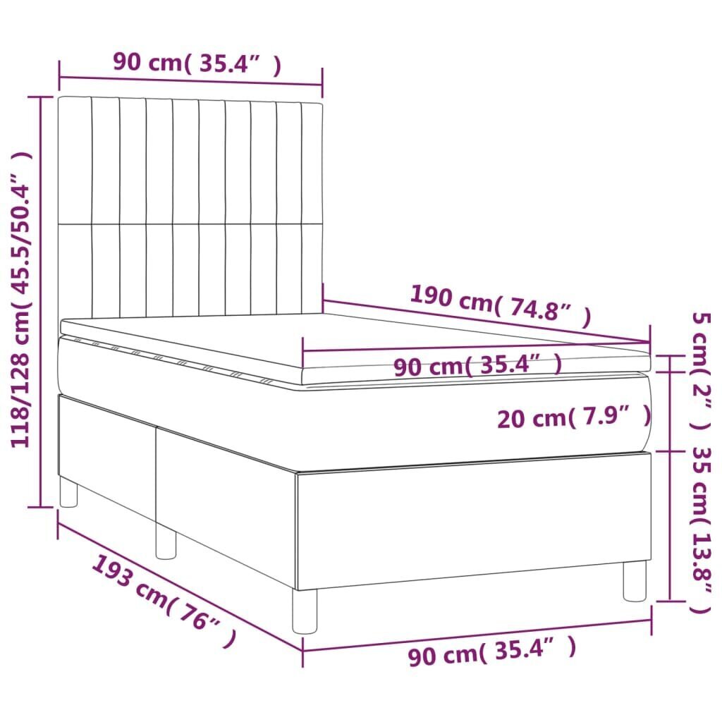 vidaXL kontinentaalvoodi madratsiga, tumepruun, 90x190 cm, kangas цена и информация | Voodid | kaup24.ee