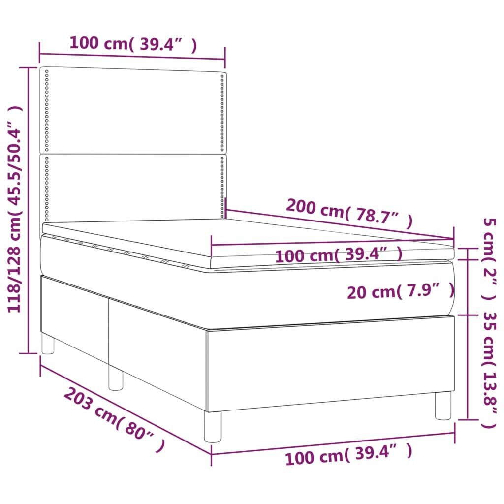 vidaXL kontinentaalvoodi madratsiga, hall, 100x200 cm, kunstnahk hind ja info | Voodid | kaup24.ee