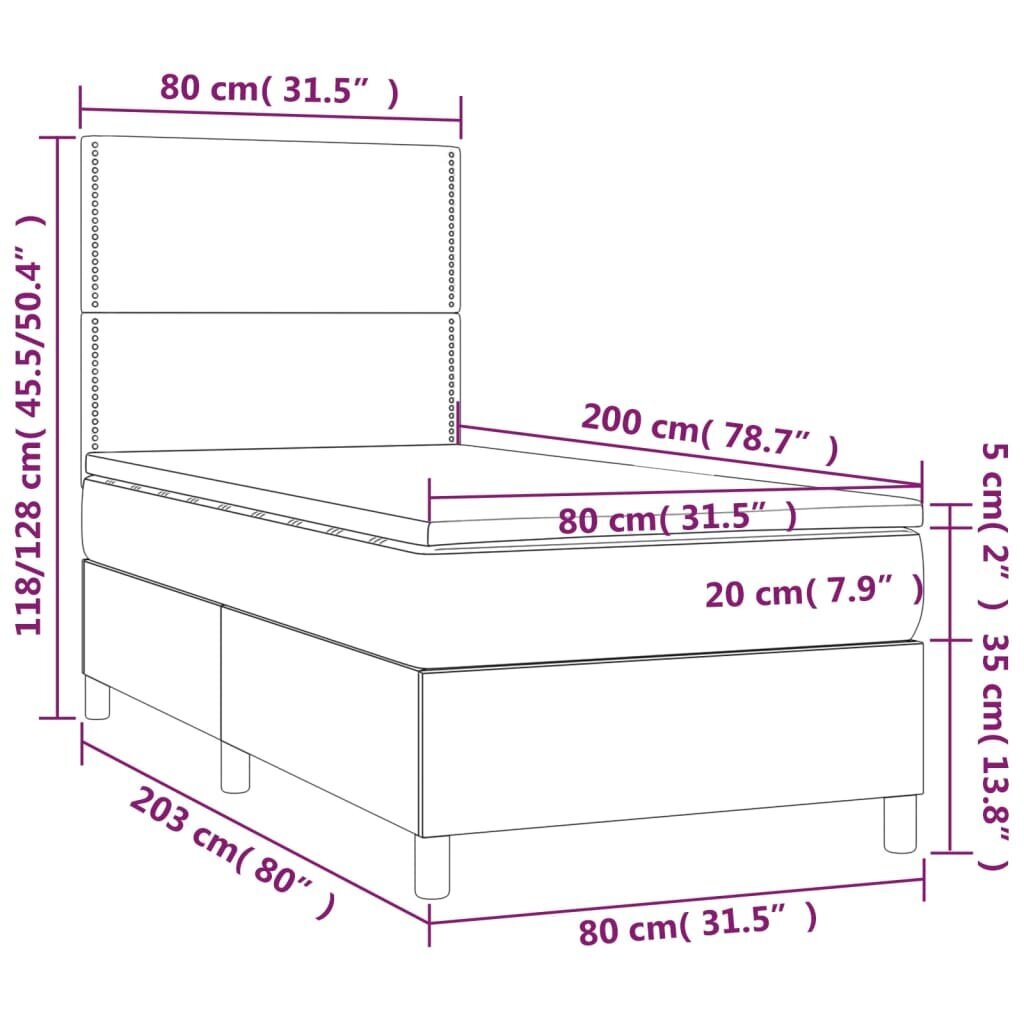 vidaXL kontinentaalvoodi madratsiga, tumehall, 80x200 cm, samet цена и информация | Voodid | kaup24.ee