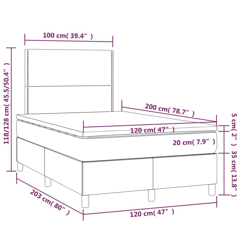 vidaXL kontinentaalvoodi madratsiga, must, 120x200 cm, samet цена и информация | Voodid | kaup24.ee