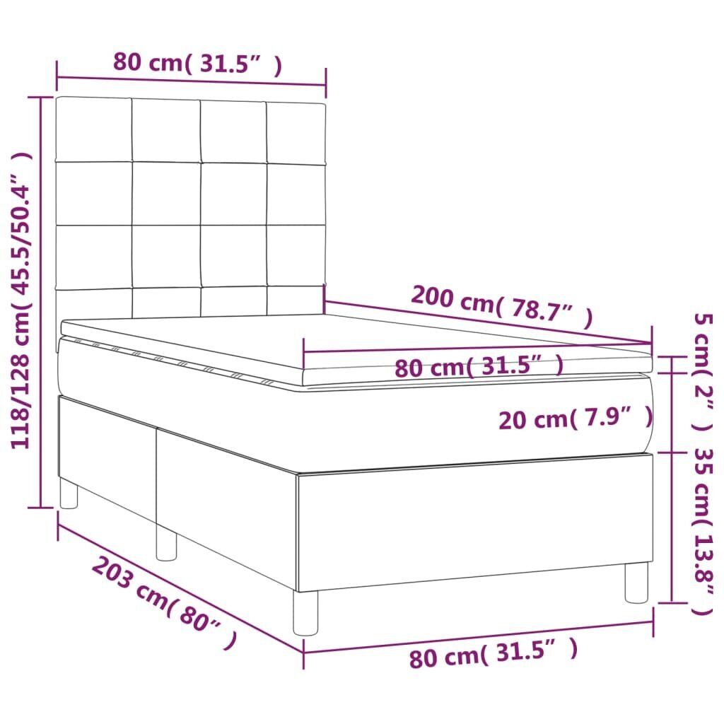 vidaXL kontinentaalvoodi madratsiga, helehall, 80x200 cm, samet цена и информация | Voodid | kaup24.ee