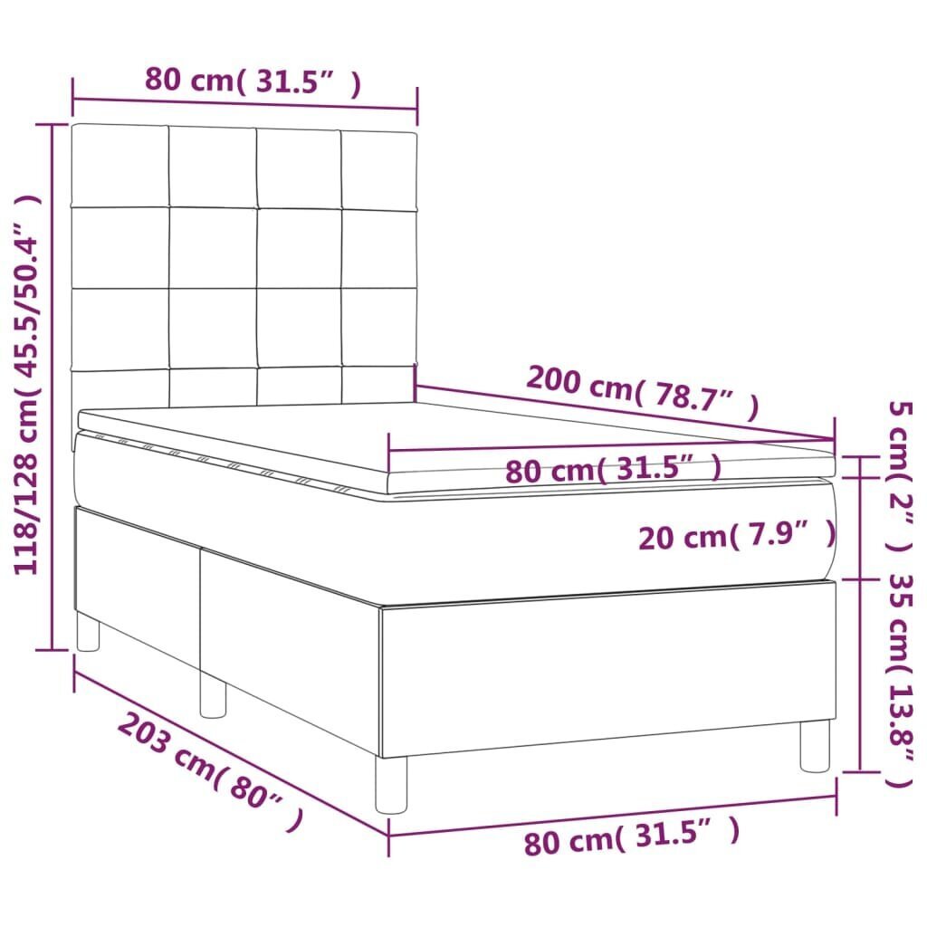 vidaXL kontinentaalvoodi madratsiga, tumeroheline, 80x200 cm, samet hind ja info | Voodid | kaup24.ee