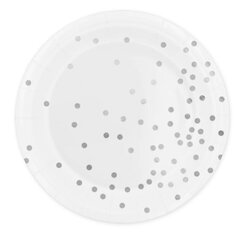 Одноразовые бумажные тарелки, 18 см, 6 шт, цвет: белый, горошки, серебро, 8649 цена и информация | Праздничная одноразовая посуда | kaup24.ee