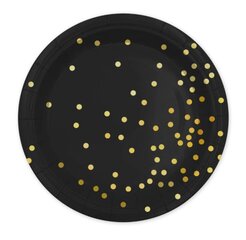 Одноразовые бумажные тарелки, 18 см, 6 шт, цвет: чёрный, горошки, золото, 8203 цена и информация | Праздничная одноразовая посуда | kaup24.ee