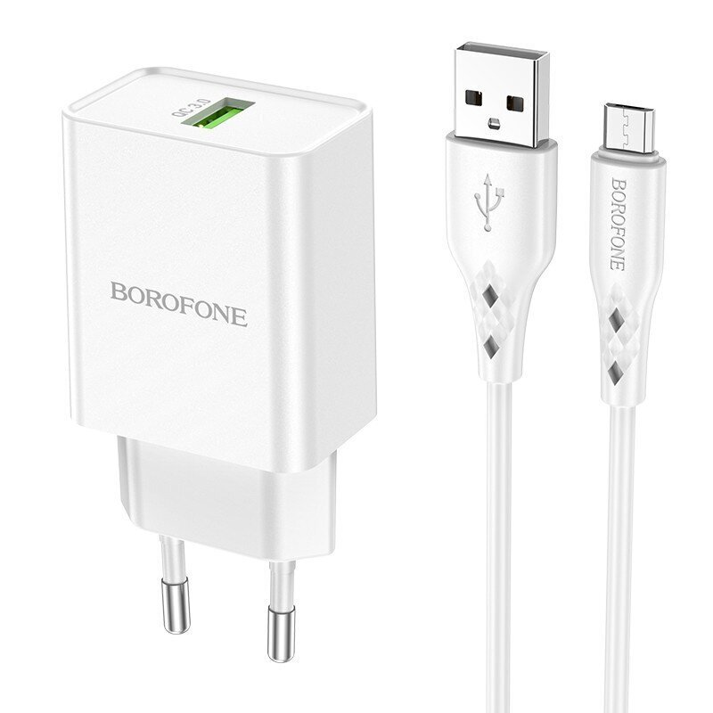 Laadija Borofone BN5 QC 3.0 18W + microUSB valge цена и информация | Mobiiltelefonide laadijad | kaup24.ee