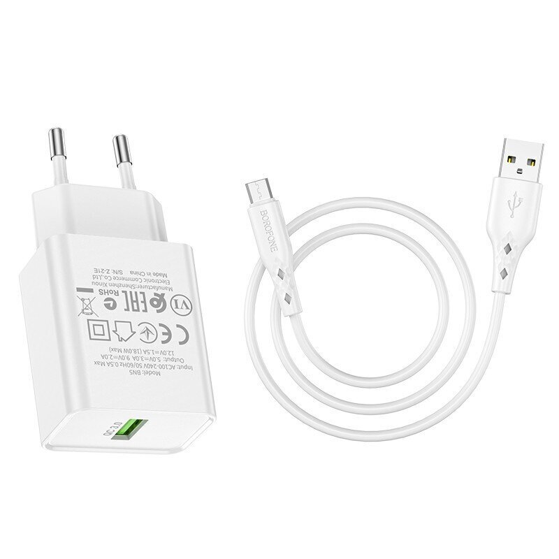 Laadija Borofone BN5 QC 3.0 18W + microUSB valge hind ja info | Mobiiltelefonide laadijad | kaup24.ee