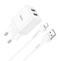 Сетевая зарядка Hoco N25 2xUSB-A (2.1A) + Lightning белая цена и информация | Зарядные устройства для телефонов | kaup24.ee