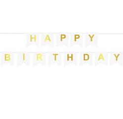 Kaunistusriba "Happy Birthday", 190 x 20 cm, värv: valge, kuldne 5349 hind ja info | Peokaunistused | kaup24.ee