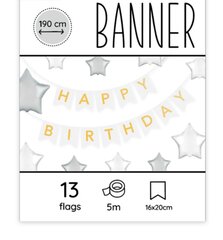 Kaunistusriba "Happy Birthday", 190 x 20 cm, värv: valge, kuldne 5349 hind ja info | Peokaunistused | kaup24.ee