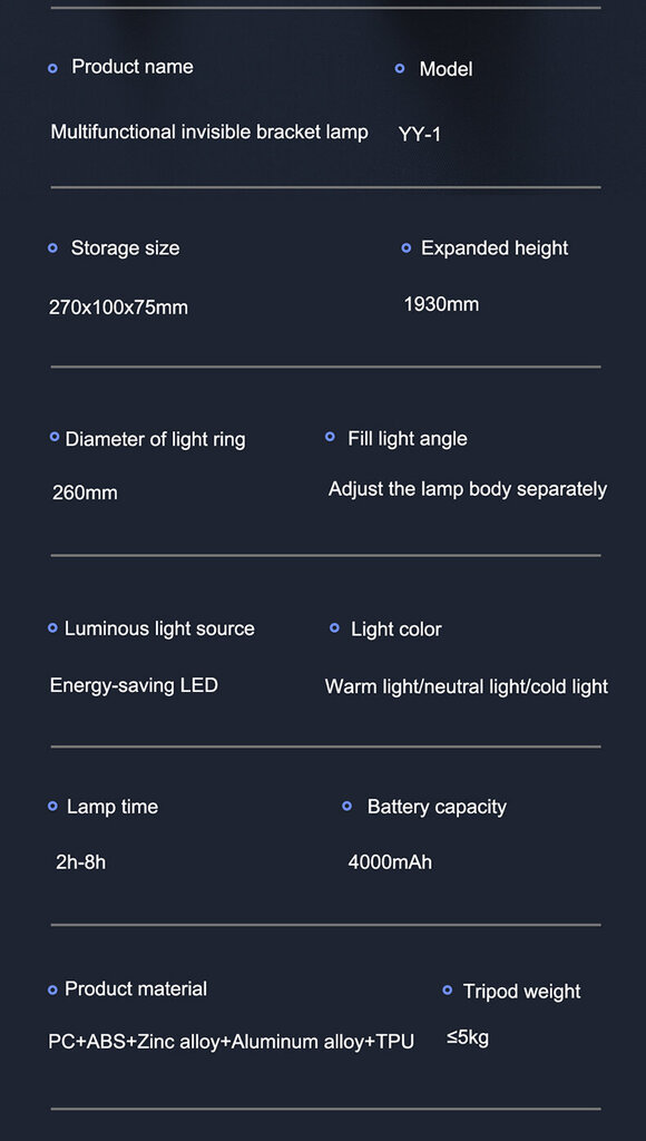 Kokkupandav rõngas LED-valgusti sisseehitatud alusega 2m, 4000mAh aku, Cyke YY-1 ("Ring fill light") hind ja info | Fotovalgustuse seadmed | kaup24.ee