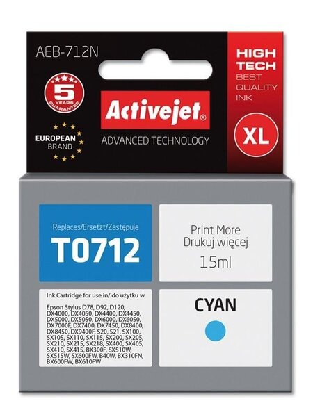 Tindiprinteri kassett ActiveJet Epson T0712 Cyan hind ja info | Tindiprinteri kassetid | kaup24.ee