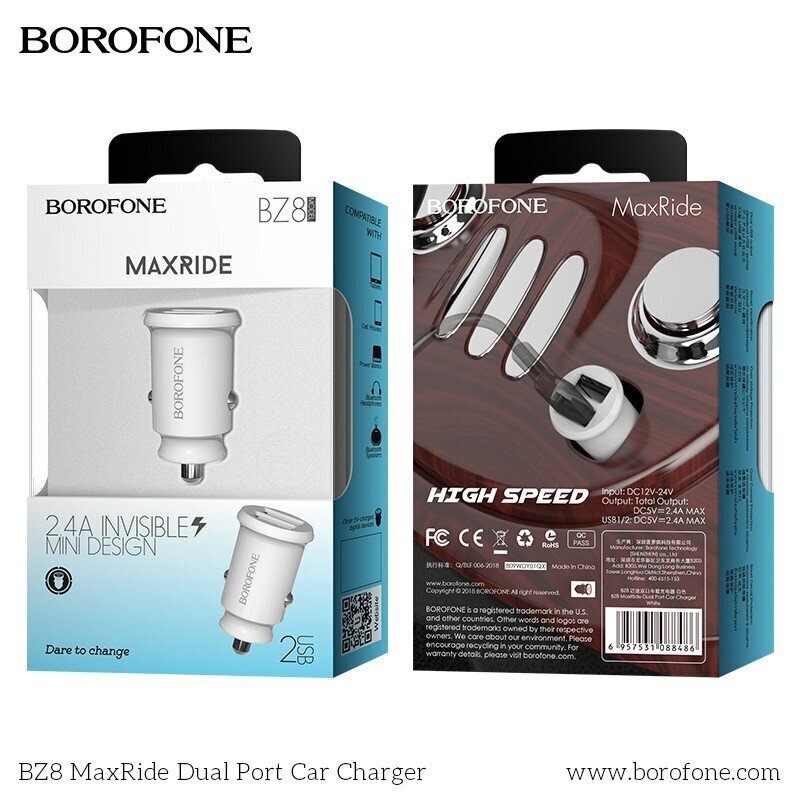 Autolaadija Borofone BZ8 MaxRide Dual Port, valge цена и информация | Mobiiltelefonide laadijad | kaup24.ee