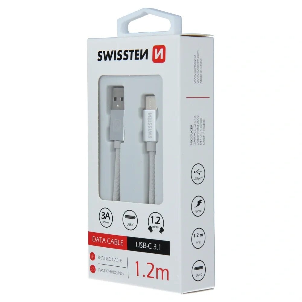 Swissten Textile Universal Quick Charge 3.1 USB-C Data and Charging Cable 1.2m Silver hind ja info | Mobiiltelefonide kaablid | kaup24.ee