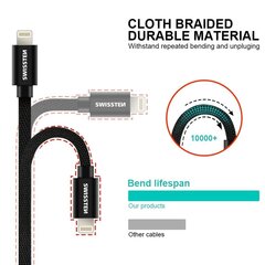 Swissten Textile Fast Charge 3A Lightning (MD818ZM/A) Data and Charging Cable 2m Grey цена и информация | Кабели и провода | kaup24.ee
