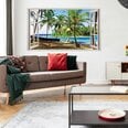 Vinüülseinakleebis 3D-akna maastik palmipuude ja paadiga – 130 x 80 cm